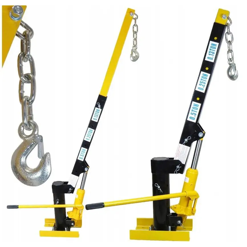 Bilkran Løftekrak Hds Svingkran med hydraulisk løftearm i to vinkler, stor krok og kjetting festet.