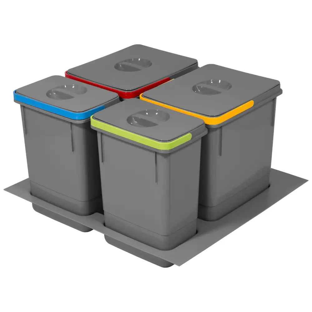 Binder avfallsbeholder til skuff, fire grå bokser med fargede kanter på brett, sett fra skrå vinkel.