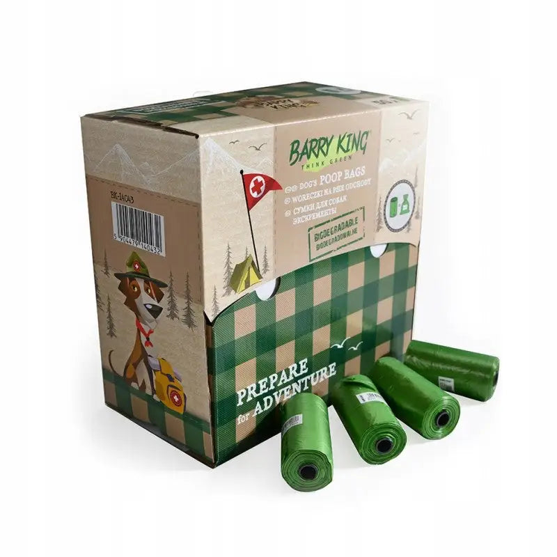 Biologisk nedbrytbare hundeposer i fire grønne ruller foran grønn eske med hundeillustrasjon.