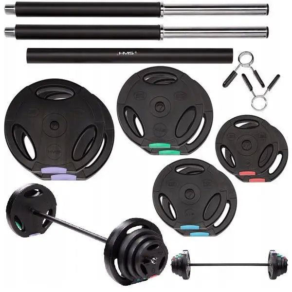 Bitumenbelagte vektløftingshåndtak med svarte plater i ulike størrelser, fargekoder og metallstang sett forfra.