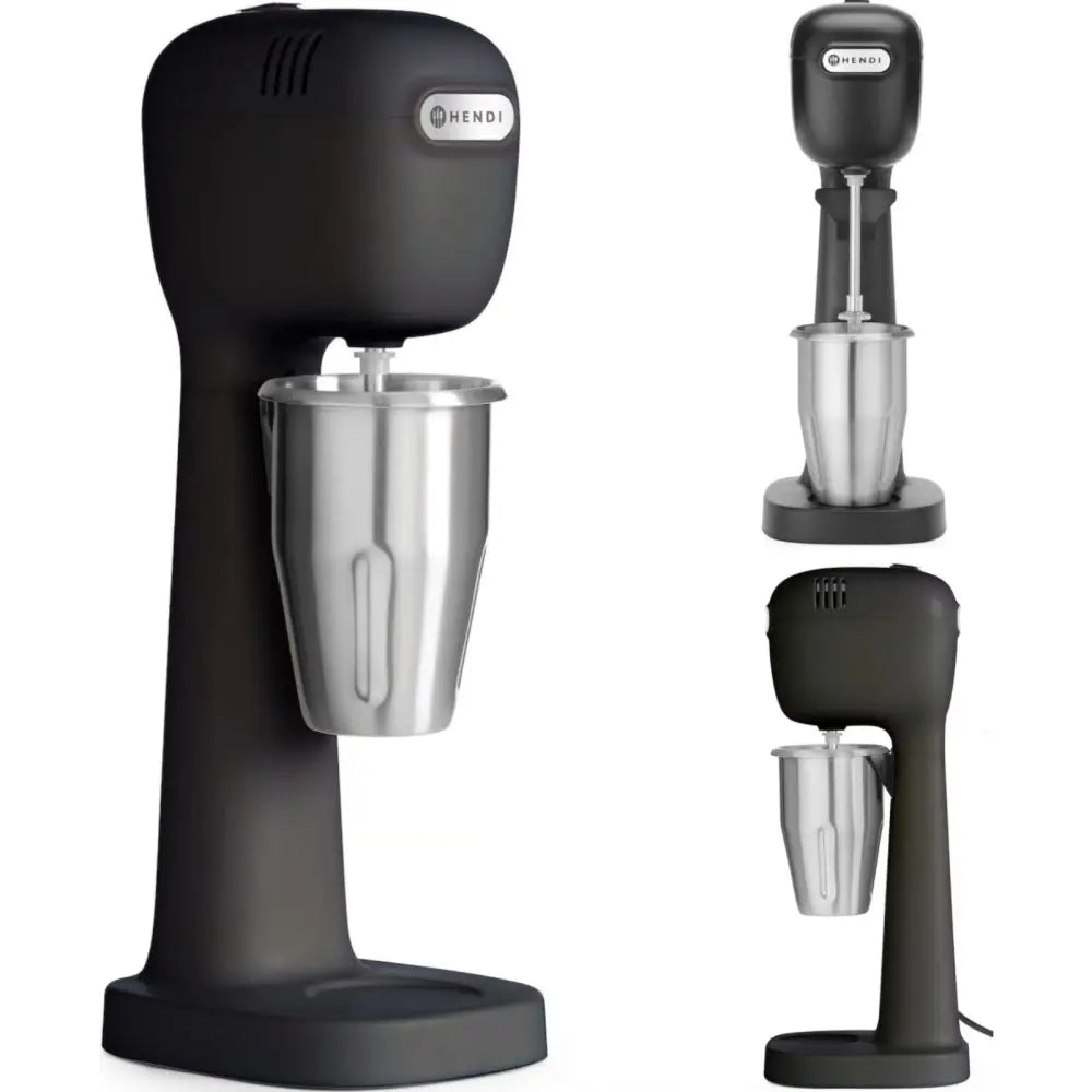 Blandebeger skummer for melkeshake, sort bordmikser med stålbeger sett fra flere vinkler mot hvit bakgrunn.