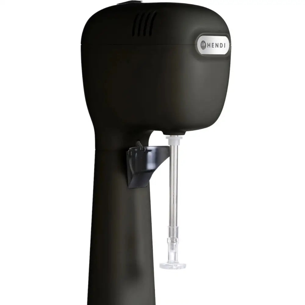 Blandebeger skummer for milkshake, sidebilde med synlig miksepisk og holder til miksebeger i sort plast.