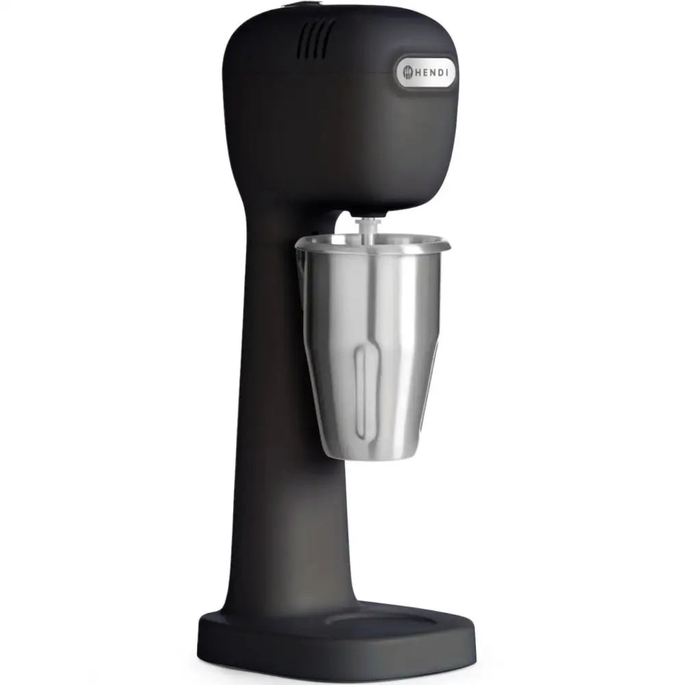 Blandebeger skummer for milkshake, svart modell med rustfri stålbolle og synlig logo sett fra skrå vinkel.