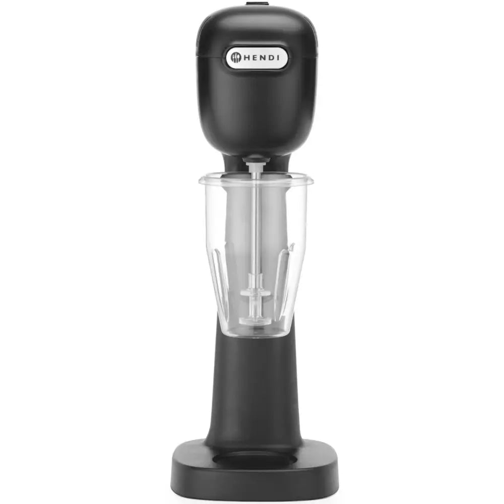 Blandebeger skummer for milkshake, svart mikser med tydelig miksearm og gjennomsiktig beger sett forfra.