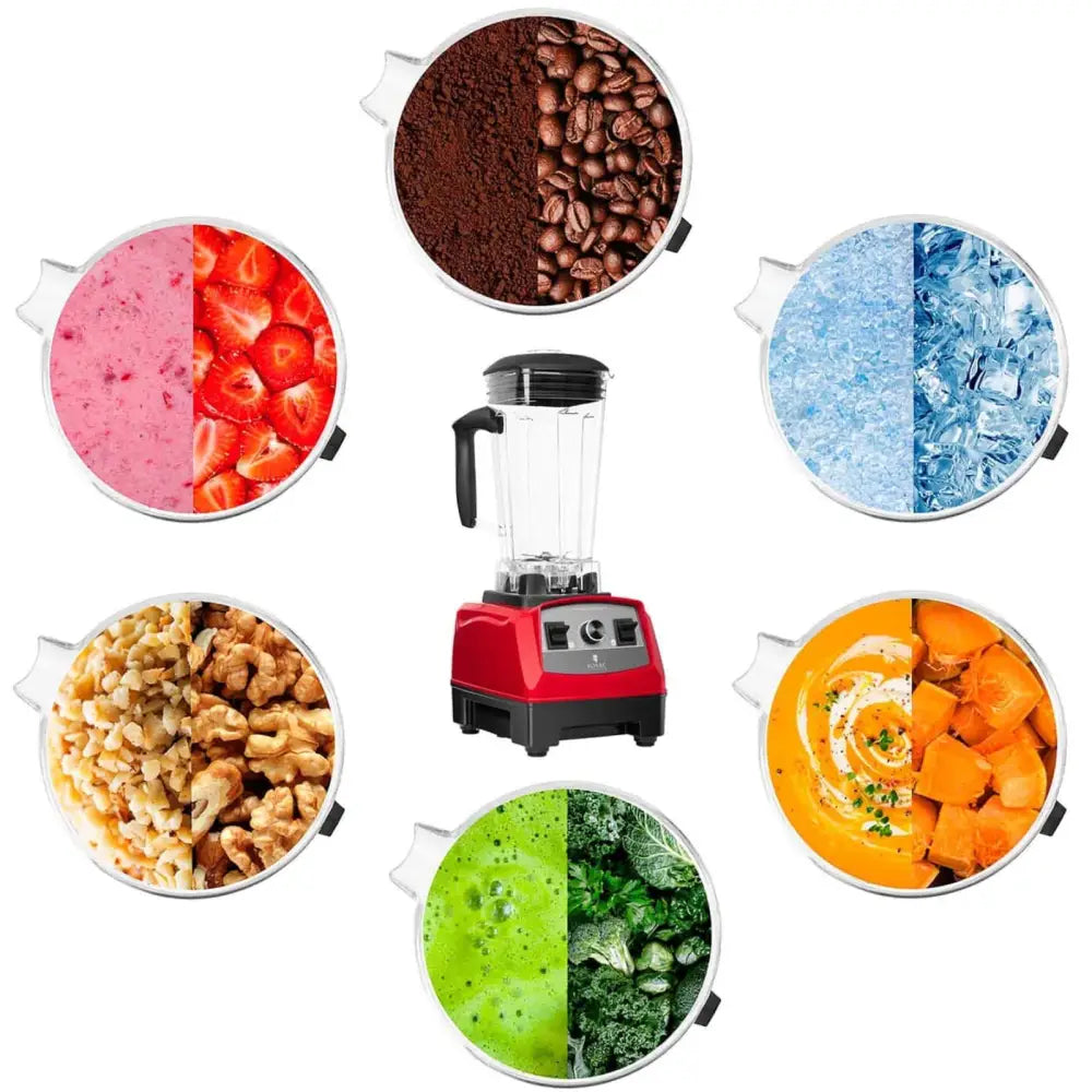 Rød blender med krus og lokk, frontvisning med seks boller som illustrerer ulike matprosesser.