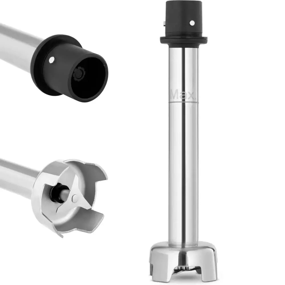 Blenderpiskerarm forlengelsesdel i rustfritt stål, nærbilde av knivblad og svart plastfeste.