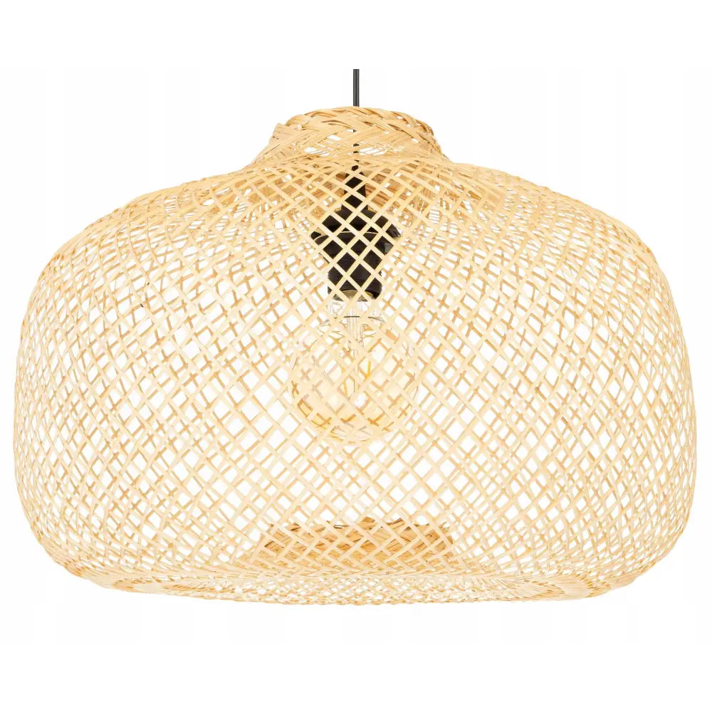 Boho Bali hengende bambuslampe 50cm, frontbilde med synlig lyspære i åpent flettverk.