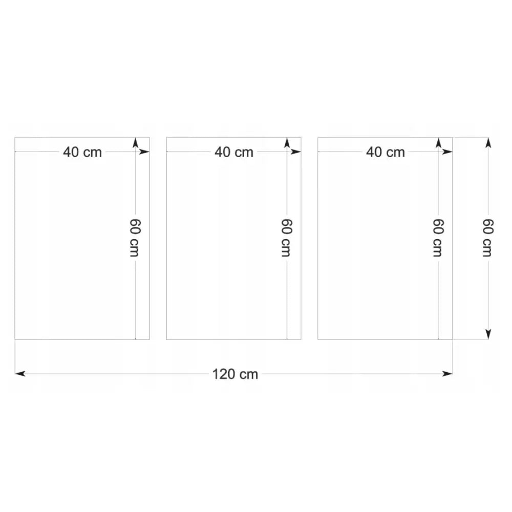 Boho beige og brun tryptyk lerretsbilde, tre paneler med mål og svart linjetegning på hvit bakgrunn.