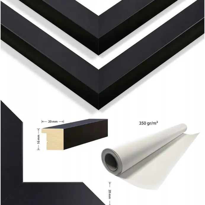 Boho blomster Tryptyk ramme, nærbilde av sort hjørneprofil og trestruktur med lerret på 350 g/m².