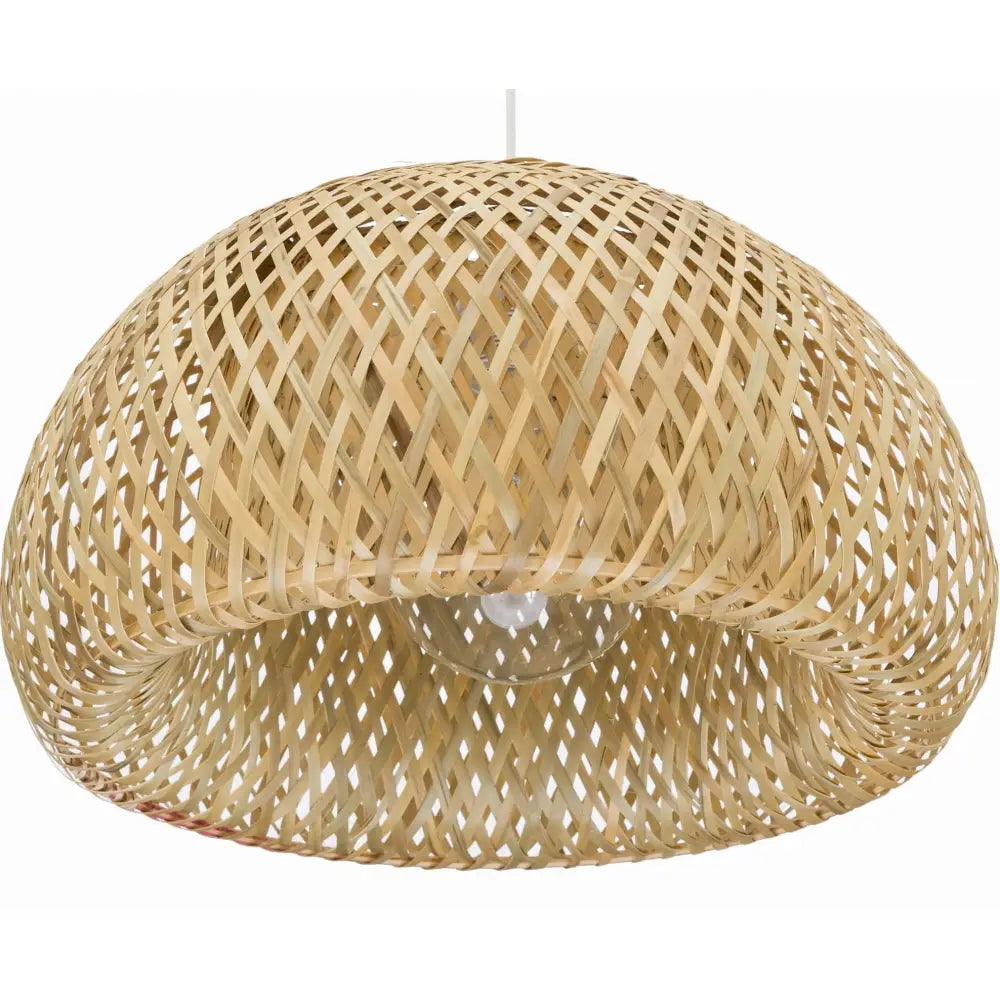 Boho hengelampe i bambus på 45 cm, frontvisning med synlig pære bak det luftige flettemønsteret.