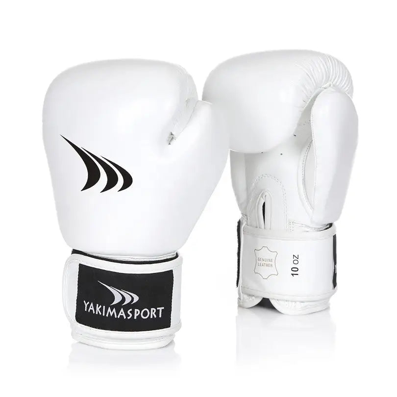 Boksehansker CRAB i hvitt skinn, front- og bakside med sorte detaljer, synlig borrelås og logo.