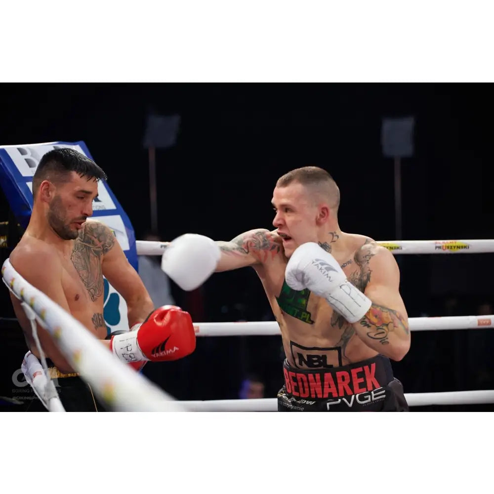 Boksehansker WOLF hvit 8 oz, i bruk under boksekamp hvor utøveren angriper motstander i rød hansker.