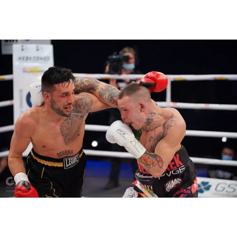 Boksehansker WOLF WHITE, brukt i kamp mellom to tatoverte boksere i ringen, sett fra siden.