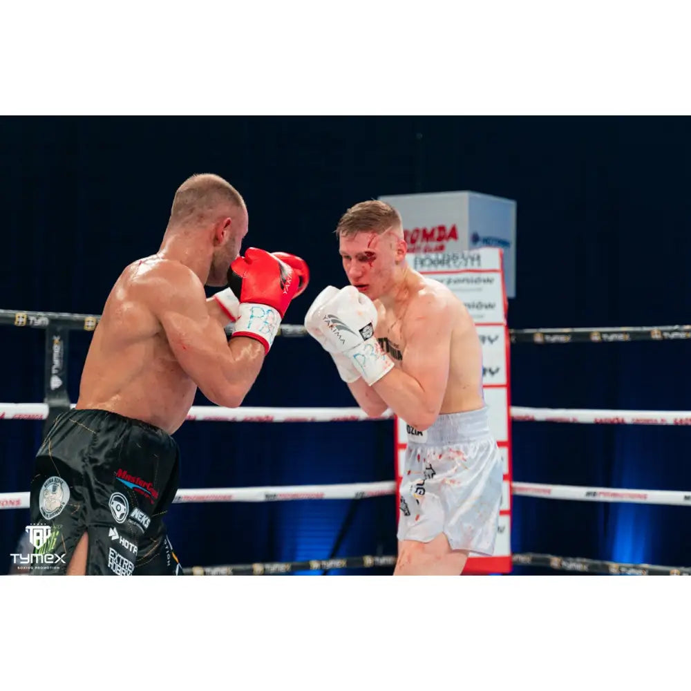 Boksehansker WOLF WHITE, hvite hansker i bruk under boksekamp, fokus på forsvarsposisjon i ringen.