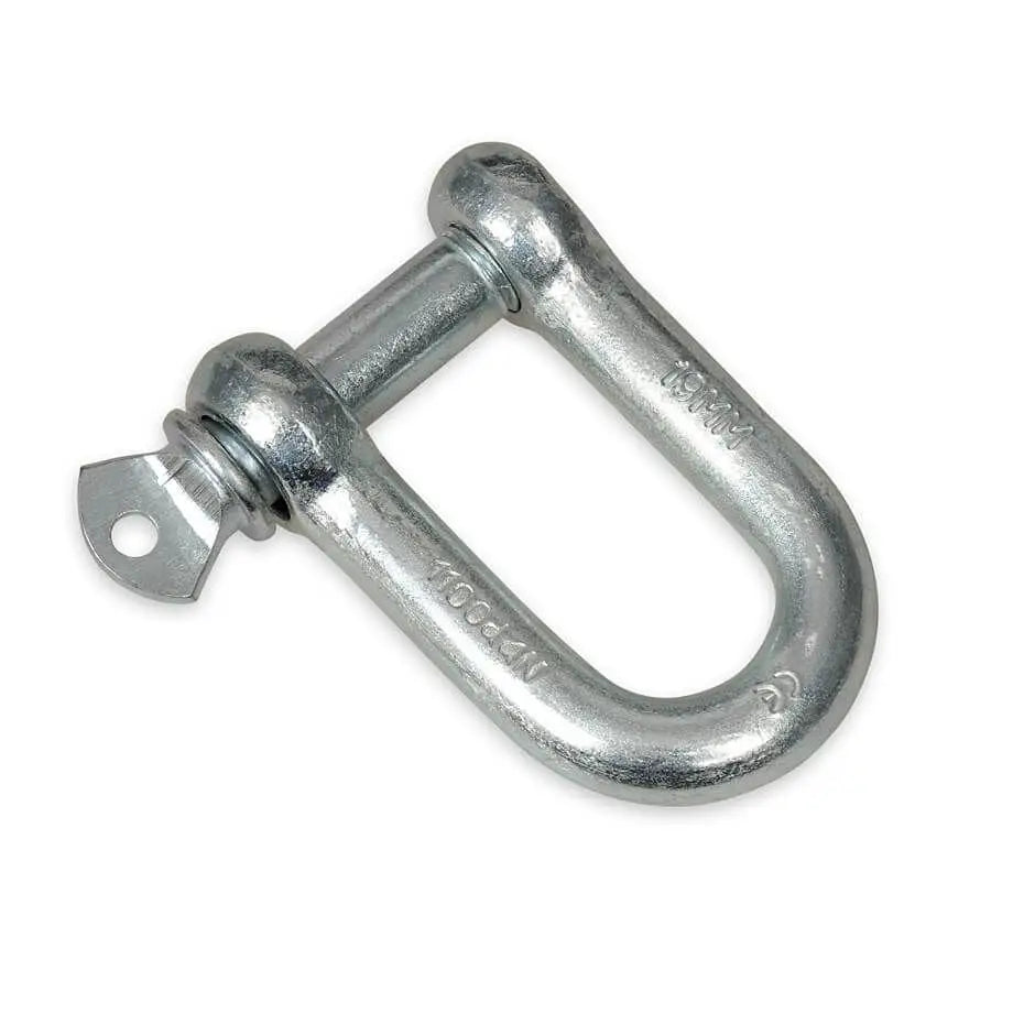 Galvanisert D-sjakkel til Aqua Bag, skrå vinkel som fremhever skrupinne og blank gravering.