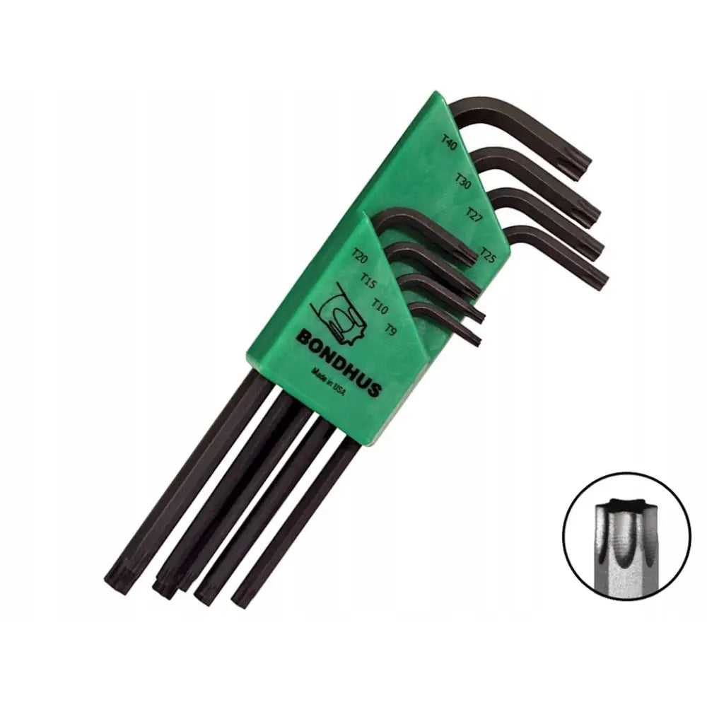 Bondhus sett med svarte L-formede torxnøkler i grønn holder, skrå vinkel med detalj av bitsende.