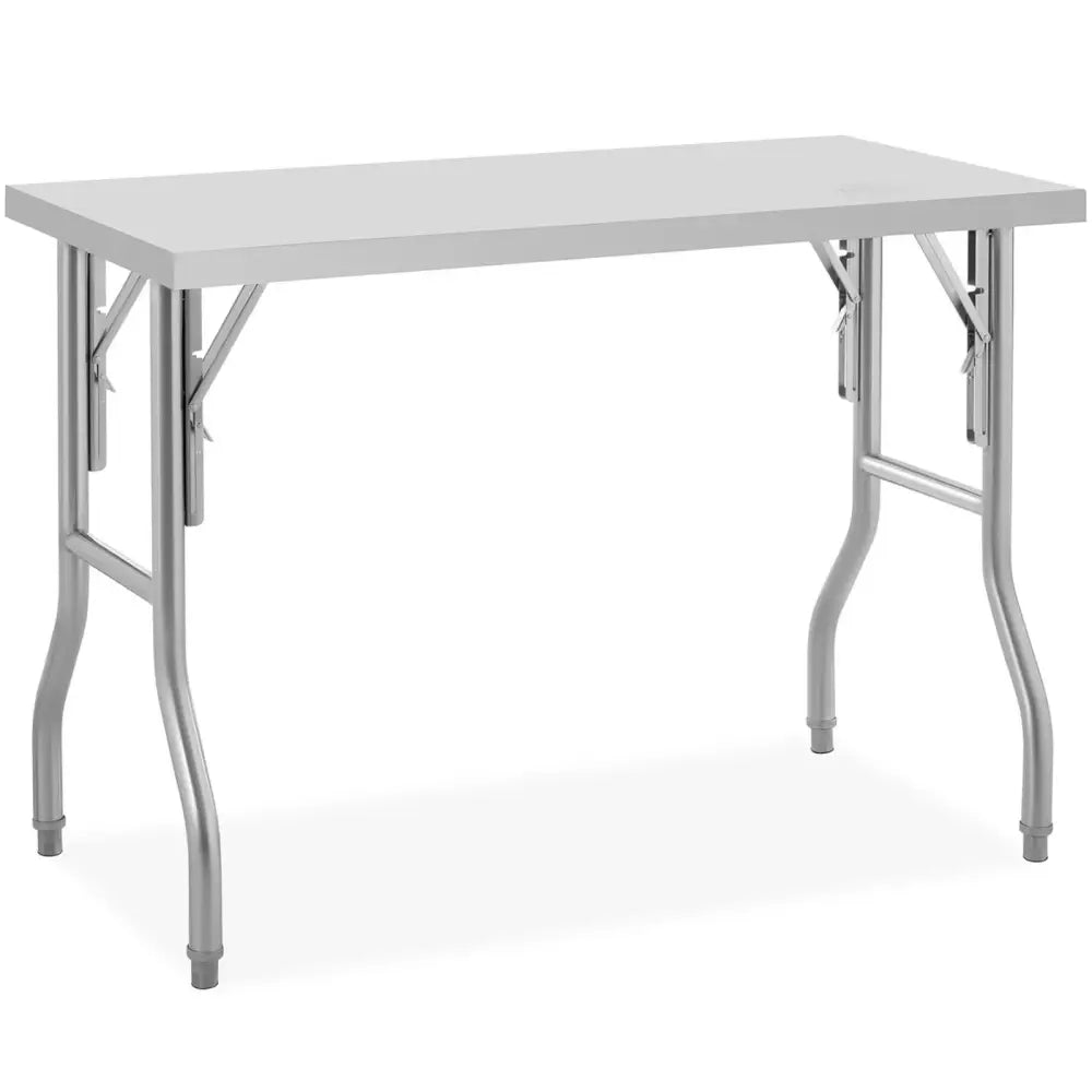 Sammenleggbart cateringbord i stål, grå bordplate og metallben med synlige foldemekanismer, skrå vinkel.