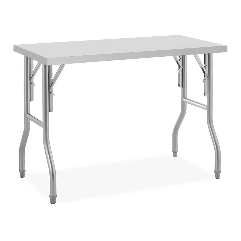 Sammenleggbart cateringbord i stål, skråvisning som fremhever grå bordplate og buede, foldbare metallben.