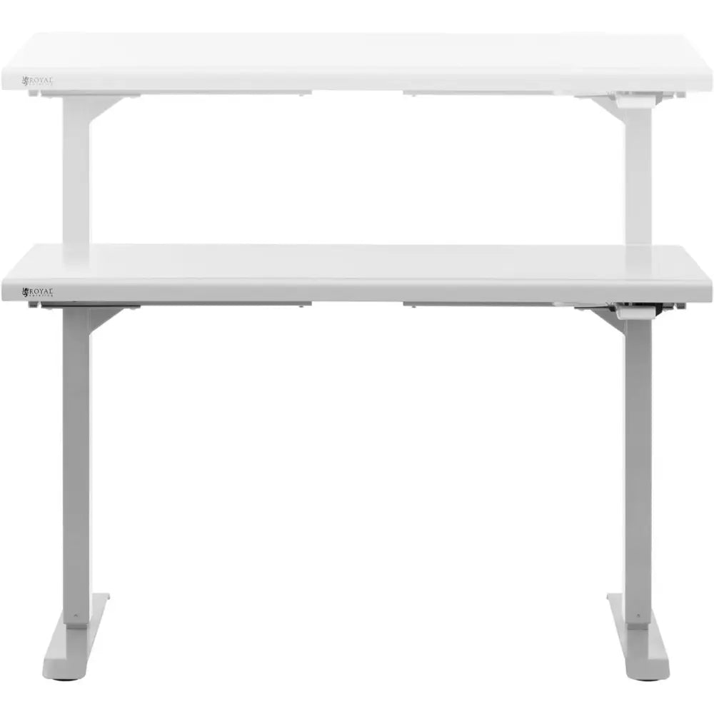 Bord i rustfritt stål med justerbar høyde, vist i to ulike høydeposisjoner forfra.