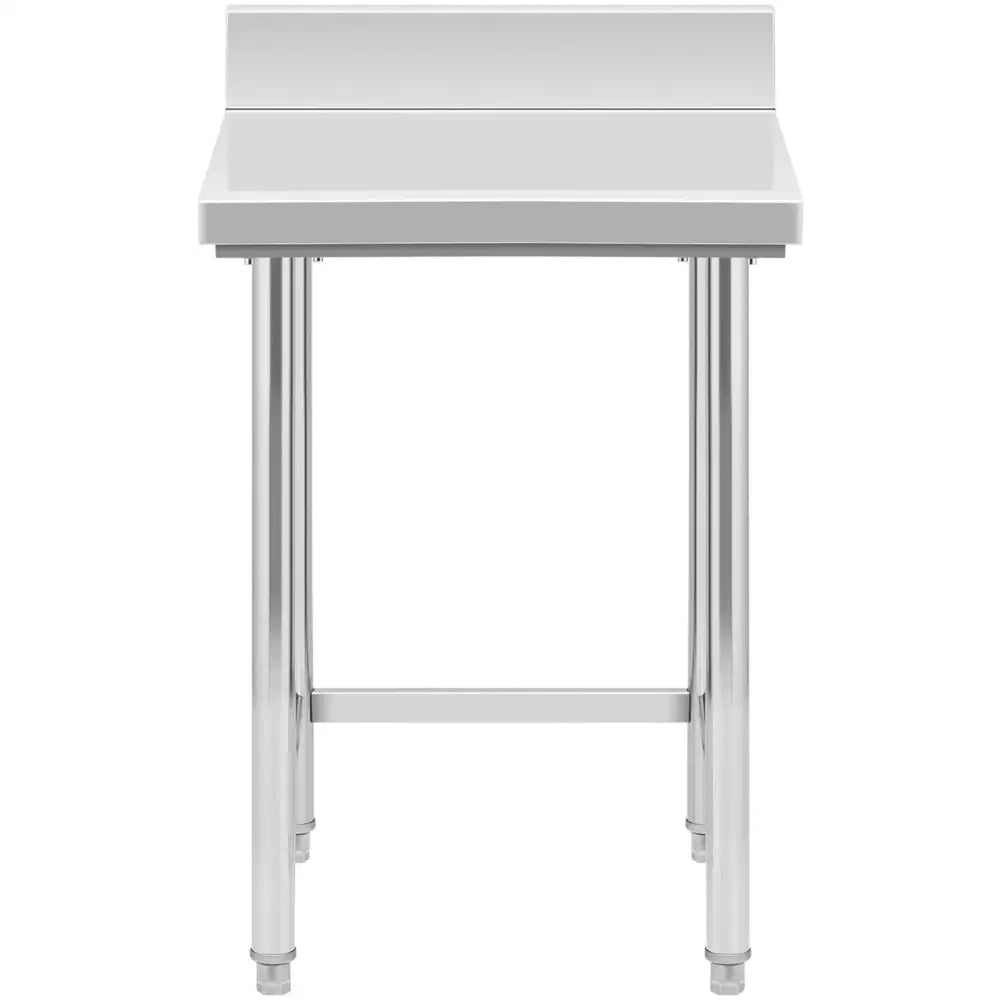 Bordbord med arbeidsbenk i rustfritt stål, frontbilde som viser fire ben og oppkant langs bakre kant.
