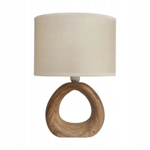 Bordlampe Golf E14 i valnøtt, frontvisning med hvit oval skjerm og lys trefot i åpent design.