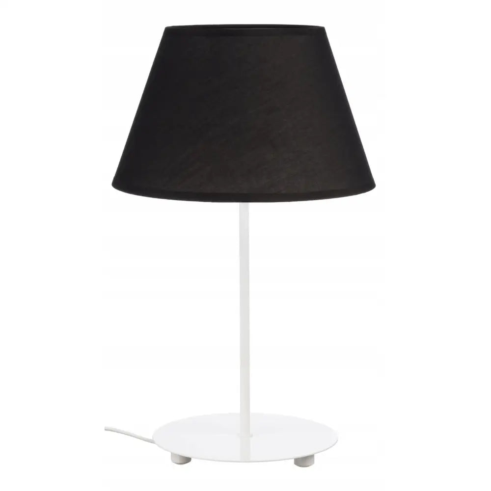 Bordlampe med hvit rund fot og svart ruterformet tekstilskjerm, frontvisning mot hvit bakgrunn.