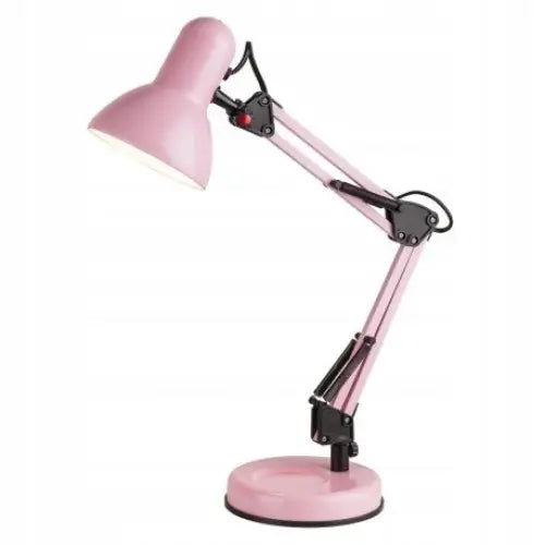Bordlampe Samson i rosa metall, sidevisning med justerbare ledd, sort kabel og rund base.