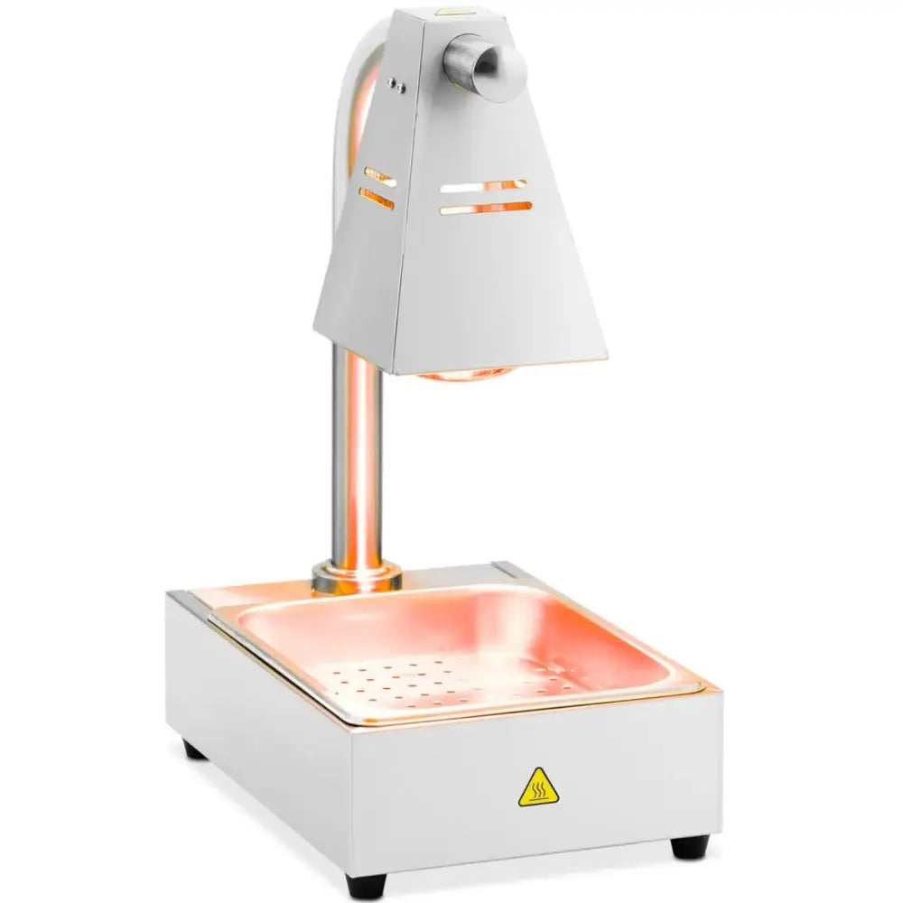 Bordvarmer med infrarød varmelampe, hvit rektangulær modell med perforert innsats, sett skrått forfra.