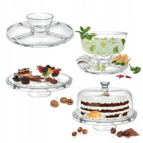 Borgonovo Hit glassfat med lokk, vist i flere funksjoner som kakefat, salatbolle og snacksfat.