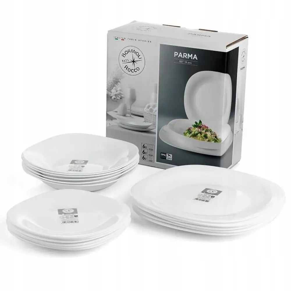 Bormioli Rocco Parma middagstallerkener, hvitt porselenssett for seks, stablet foran original eske.