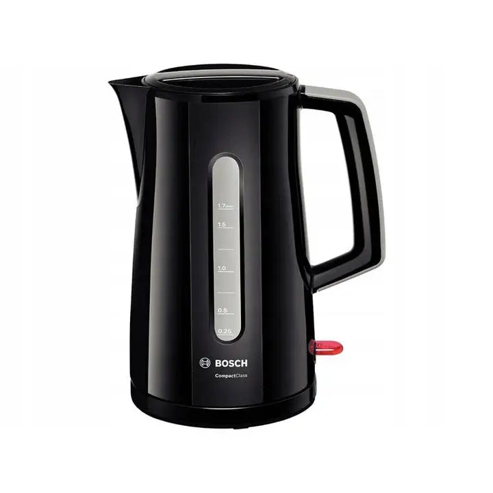 Elektrisk vannkoker fra Bosch i svart plast med målevindu, synlig rød bryter og ergonomisk håndtak.