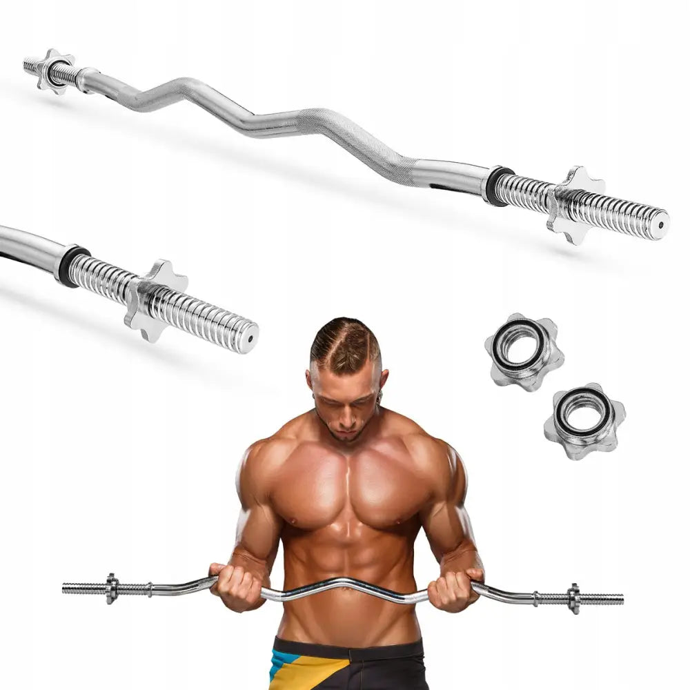 Bøyd vektstang 120 cm med 28 mm gjenger og låseklemmer, sidevisning med bruk og detaljer av låsene.