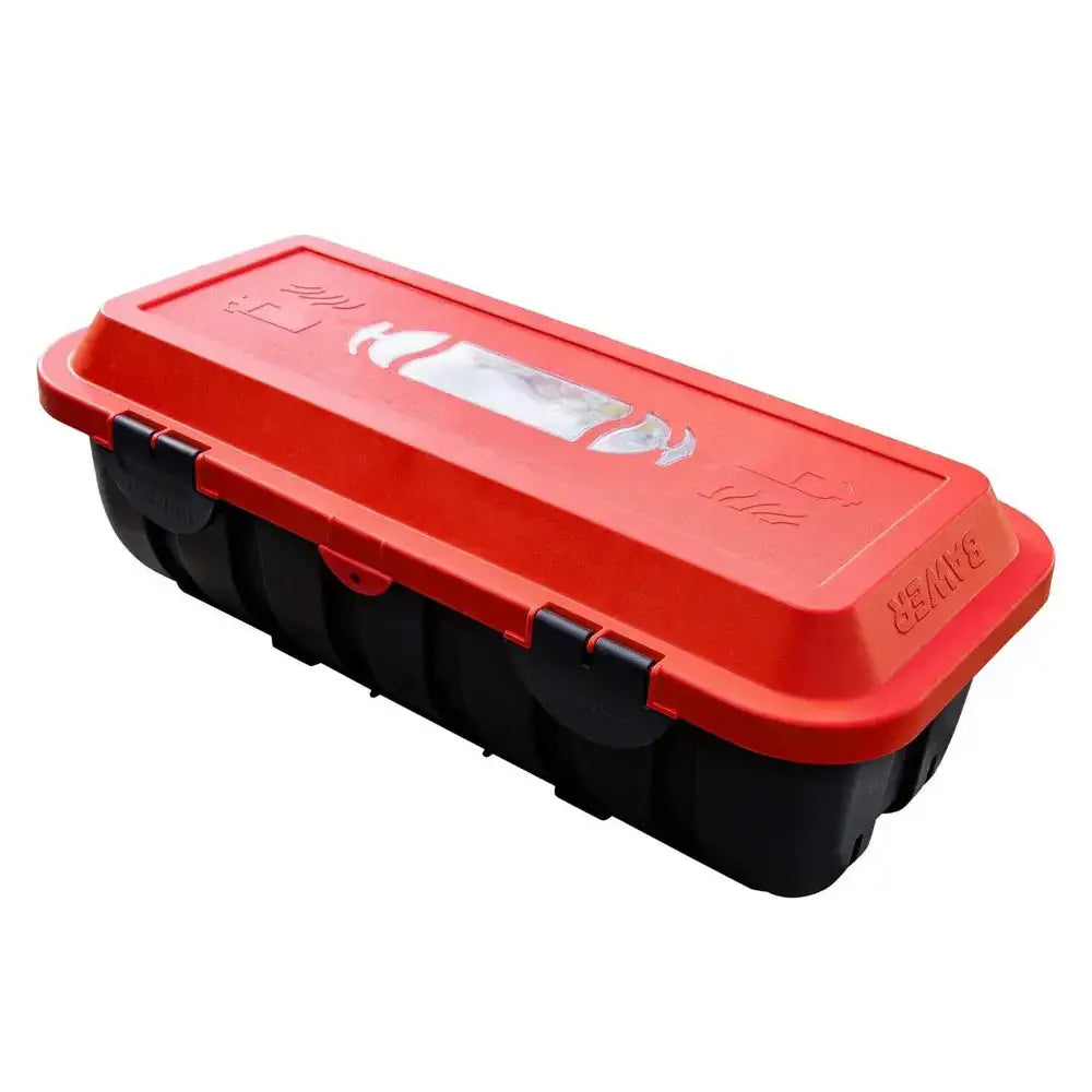 Brannslukningsboks Easy Line, skråvisning som viser rødt lokk med vindu, symboler og sort bunn.