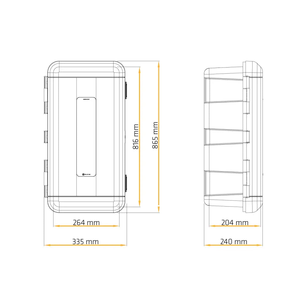 Brannslukningsboks Adamant 12KG, strekningstegning med mål og tydelig rektangulær front- og sideprofil.
