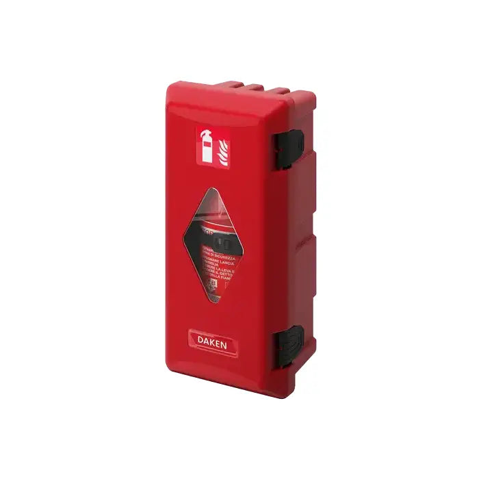 Brannslukningsboks Adamant, rød plast med frontvindu og synlig brannslukker, skrå vinkel, svarte hengsler.