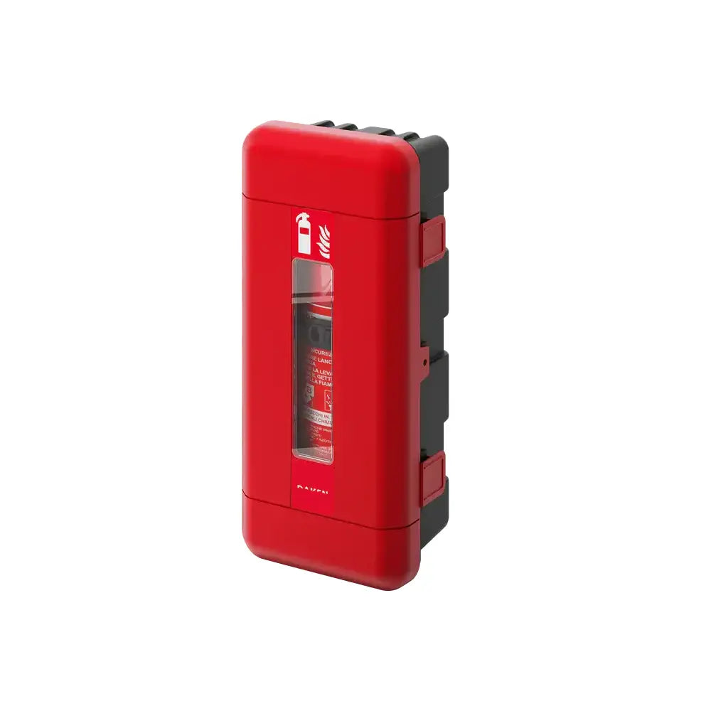 Brannslukningsboks Daken Regon, rødt skap med frontvindu som viser brannslukker, sett fra høyre side.