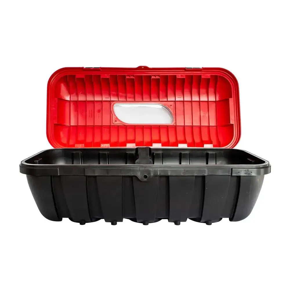 Brannslukningsboks Strike, åpen frontvisning med sort bunn, rød innside og integrert håndtak i lokket.