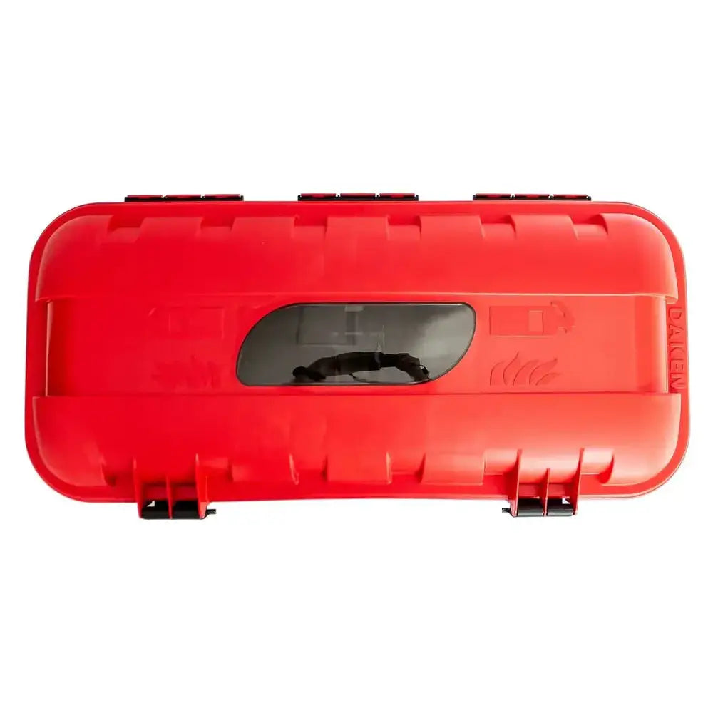 Brannslukningsboks Strike 6KG, toppvisning med sort vindu, preget symbol og synlige låseanordninger på sidene.