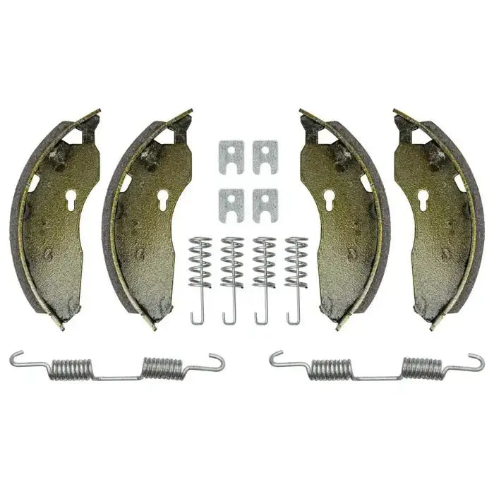 Bremsesko for AL-KO 160X40, fire bremsebakker med friksjonsbelegg, klips og fjærer på hvit bakgrunn.