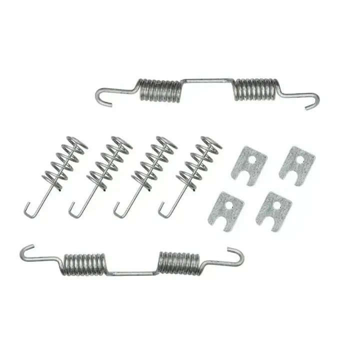 Bremsesko AL-KO 160X40, sett med seks ulike fjærer og fire metallbrikker samlet på hvit bakgrunn.