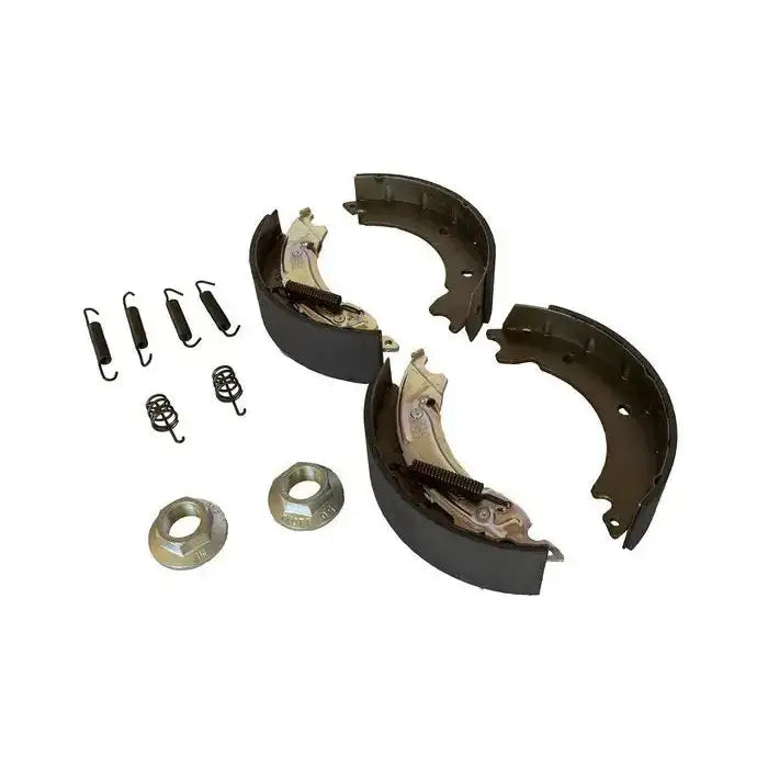 Bremsesko for Knott 200x50, fire buede bremsebånd med mørk friksjonsflate, fjærer og ringer samlet.