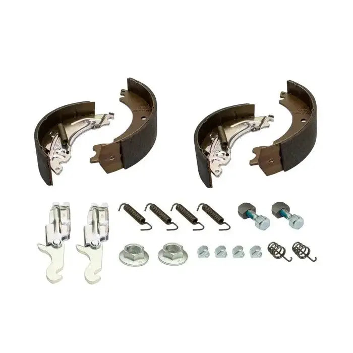 Bremsesko for Knott 200x50, komplett sett med bremsebånd, fjærer, bolter og muttere sett ovenfra.