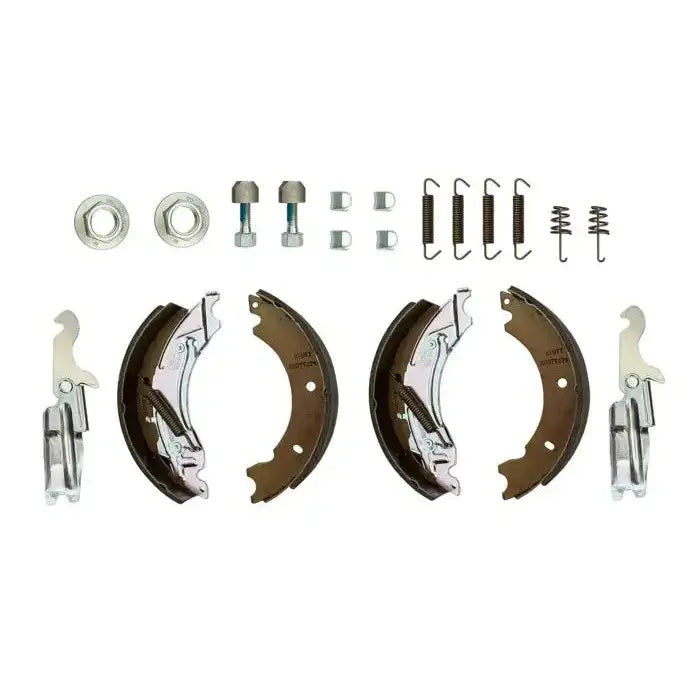 Bremsesko for Knott aksel 200x50, komplett sett med bremsebakker, fjærer og bolter vist ovenfra.