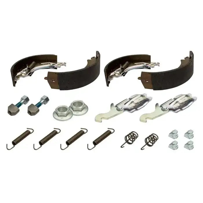 Bremsesko for Knott-aksler 200x50, sett med to bremsebånd, fjærer og festedeler vist ovenfra.