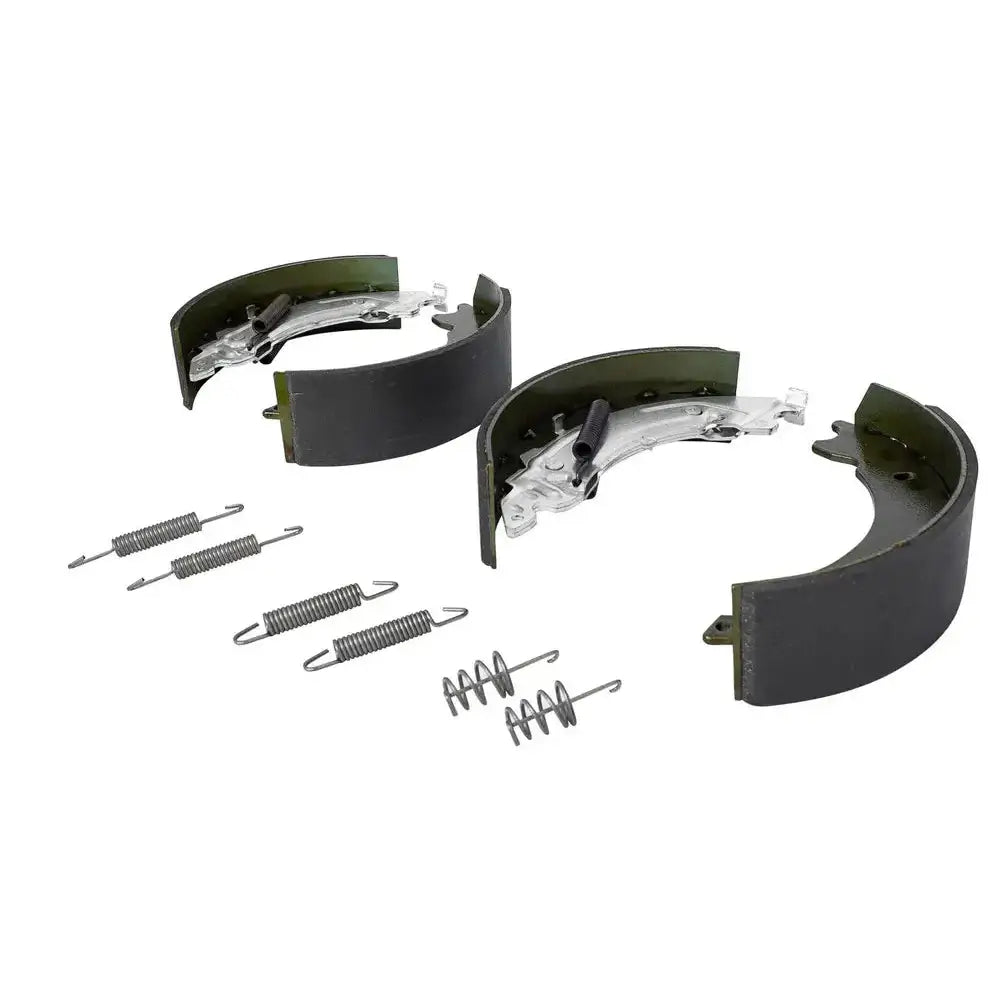 Bremsesko Knott 200x50 med sett fjærer, to grå bremsesko og seks fjærer samlet på hvit bakgrunn.