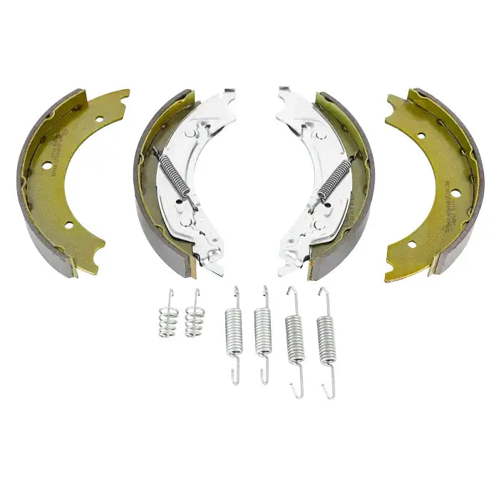 Bremsesko for Knott-aksler 250x40, fire bremsebånd og seks fjærer sett ovenfra mot hvit bakgrunn.