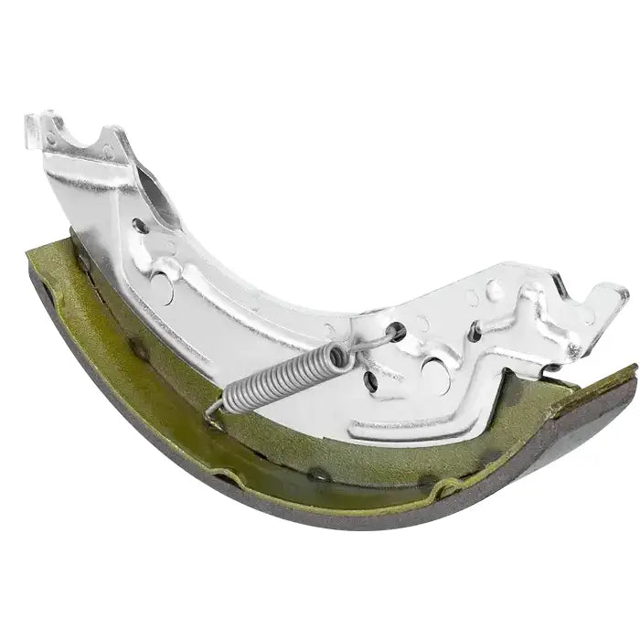 Bremsesko for Knott 250X40, sidevisning med sølvfarget metall, grønne og mørke bremsebelegg samt fjær.