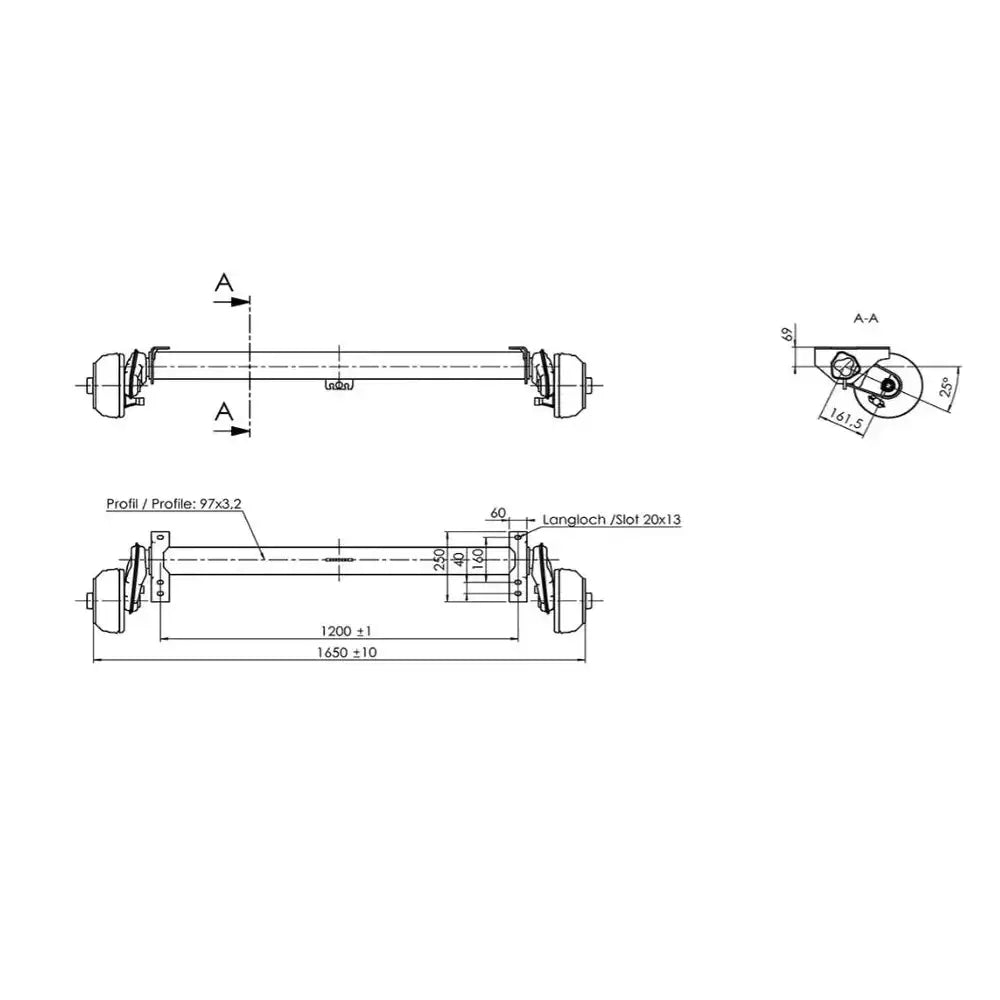 Bremset aksel AL-KO, teknisk tegning med mål og spesifikasjoner, side- og tverrsnitt med markerte dimensjoner.
