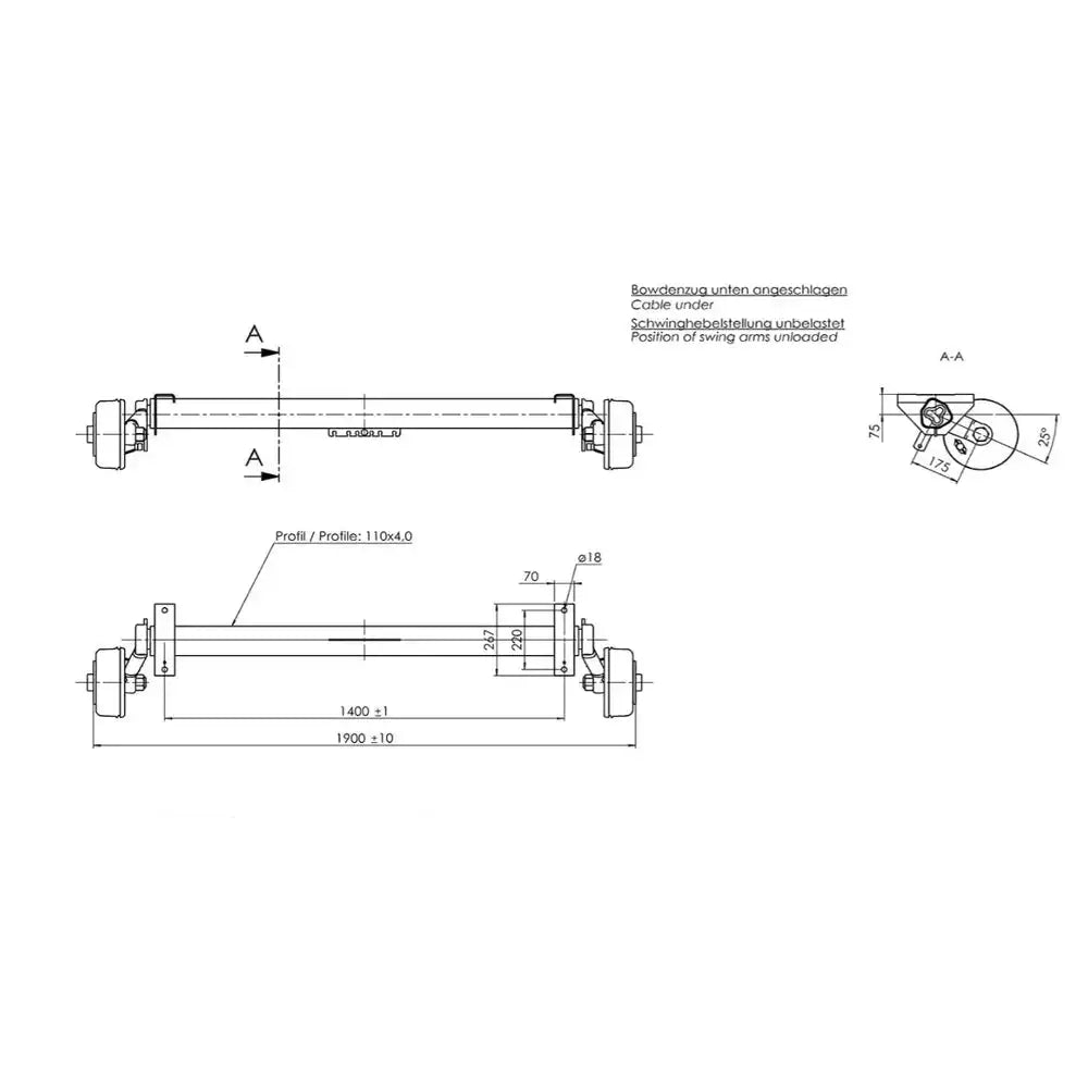 Aksling tilhenger 1800 kg, teknisk tegning med mål, profil og tverrsnitt, sett fra siden og ovenfra.