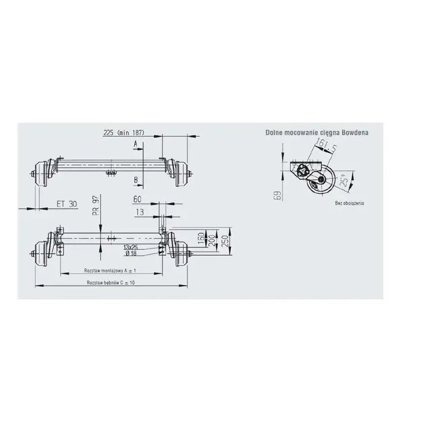 Aksling tilhenger AL-KO, teknisk tegning som viser mål, tverrsnitt og hjuloppheng i detalj.